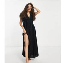 ASOS DESIGN Petite Flutter Sleeve Maxi Beach Dress With Channeled Tie Waist In Black - Black (Size: 00)