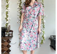Blair Dresses | Blair Vintage 80S Short Sleeve Floral Midi Dress Size Medium To Large | Color: Pink | Size: M