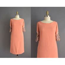 Vintage 60S Dress | Gorgeous Apricot Silver Beaded Cocktail Party Winter Dress | Medium | 1960S Vintage Dress