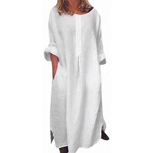Xlzwnu Womens Dresses Abaya Dress For Women White Dress Women Women Long Sleeve Solid O-Neck Summer Cotton Maxi Dress With Pockets Long Sleeve Dress F