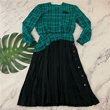 Vintage Dresses | Vintage Women's Teal Green And Black Plaid Pleated Dress With Button Trim | Color: Black/Green | Size: 8