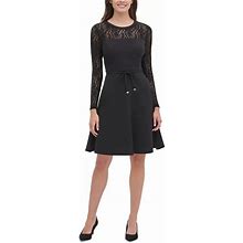Tommy Hilfiger Dresses | Tommy Hilfiger Women's Petite Lace-Sleeve Fit & Flare Dress Black Size 4P | Color: Black | Size: 4