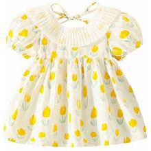 Toddler Baby Girls Dresses Floral Printed Short Sleeve O-Neck Bowknot Princess Clothing Dance Party Holiday Vacation Daily Wear Dress