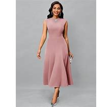 Ladies' Summer Round Neck Solid Color Simple & Elegant Dress,M