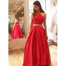 Red Two-Piece A-Line Floor Length Sleeveless Lace Top Evening Dress