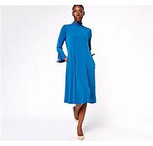 Susan Graver Pet Lqud Knt Mock-Neck Midi Dress W/ Tie Sleeves, Size Petite 1X, Fathom Blue