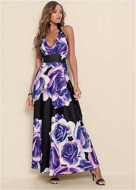 Women's Floral Printed Long Dress - Black & Purple, Size XS By Venus