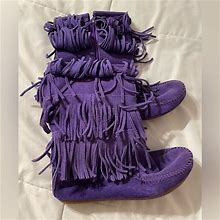 Minnetonka Shoes | Size 3 Purple Minnetonka Genuine Seude Leather Moccasin Boots - Nwot | Color: Purple | Size: 3Bb