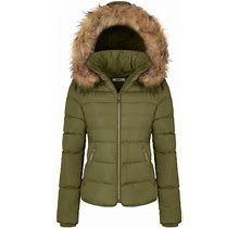 Bodilover, Women's, Winter Quilted Puffer Short Coat Jacket Plus Sizewith Removable Faux Fur Hood And Zipper, Olive, 3X