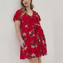 Torrid Dresses | Flutter Sleeve Lace-Up Skater Dress - Gauze Floral Red Size 3 | Color: Red | Size: 3X