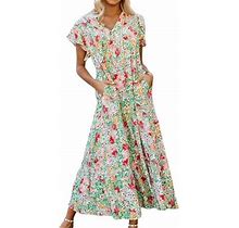 Nlife Women Floral Print Frill Henley Neck Feifei Sleeve Pocket Tiered Dress
