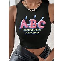 Women's Summer Casual Round Neck Sleeveless Tank Top With Slogan Print,L
