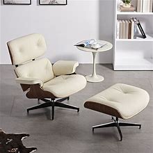 Mid Century Modern Lounge Chair And Ottoman With Real Leather - Walnut&Beige
