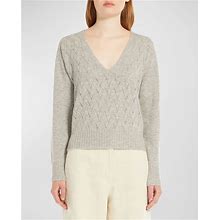 Max Mara Studio Alaggio Pointelle Cable-Knit V-Neck Sweater, Grey, Women's, S, Sweaters Cable-Knit Sweaters