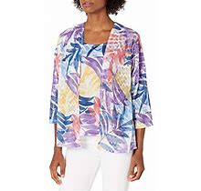 Alfred Dunner Women's Plus Size Watercolor Leaf Printed Two For ONE TOP, Wisteria/Peach, 2X