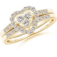 Floating Trio Diamond Heart Halo Bridal Ring Set In 14K Yellow Gold | I i1 Grade 0.116 Carat Prong Set Round Diamond (2.4Mm)