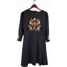 Loft Dresses | Ann Taylor Loft Dress Womens 12 Petites Black Floral Embroidered A-Line Zip Back | Color: Black/Red | Size: 12P