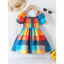 Toddler Girls Plaid Print Shirred Puff Sleeve Dress,5Y