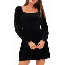 1.State Women's Blouson Sleeve Smocked Bodice Dress, Black, Xs