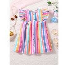Little Girls' Vacation Style Colorful Dopamine Striped Ruffle Trim A-Line Dress With Button Front For Spring/Summer,7Y