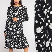 80S Floral Dress Black White Print Drop Waist Dress Pleated Tiered Embossed Midi Dress 90S Long Sleeve Vintage Liz Claiborne Medium