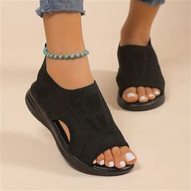Solid Suede Open Toe Shoes, Women's Platform Heel Toe-Strap Knitted Slip On Lightweight,Black,Must-Have,Temu