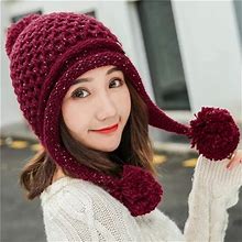 Huamulan Women Winter Peruvian Beanie Hat Ski Ear Flaps Cap Dual Layered Pompoms | Color: Red | Size: Os