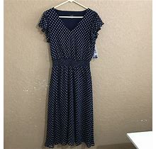 Msk Dresses | Msk Dress Womens Medium Navy Blue Polka Dot Smocked Waist Ruffle Sleeve $79 | Color: Blue/White | Size: M