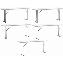 BTEXPERT 6-Foot - 72" Long White Plastic Folding Training Table 18" Wide Narrow, 29" High, Events Indoor Outdoor Set Of 5