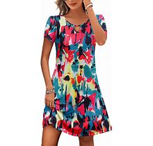 HOTOUCH Women's Casual A-Line Dress With Pockets Summer Beach Floral Tshirt Dress Short Sleeve Mini Dress Flowy Sundresses