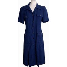 Vintage 80S Womens Dress Size 8 Button Front Shoulder Pads Pockets Short Sleeves Navy Blue