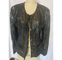Vtg French Women Genuine Leather Jacket Metallic Black With Silver