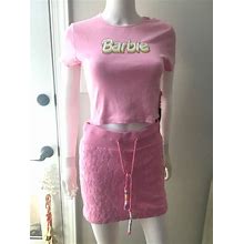 Forever 21 Barbie Logo Beaded Drawstring Pink Terry Cloth Mini Skirt S