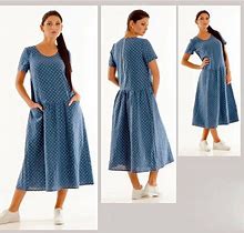Polka Dot Linen Dress Mid-Calf European Navy Dress Pocket Summer Loose