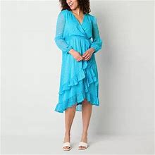 Danny & Nicole Long Sleeve Pin Dot Midi Fit + Flare Dress | Blue | Womens 8 | Dresses Fit + Flare Dresses | Belted | Spring Fashion | Easter Fashion