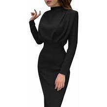 Entyinea Wedding Guest Dresses Plus Size Long Sleeve V Neck Swiss Dots Maxi Dress Boho Long Dress High Waisted A-Line Ruffle Dress,Black XL