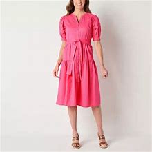 St. John's Bay Short Sleeve Embroidered Floral Midi Fit + Flare Dress | Pink | Womens Medium | Dresses Fit + Flare Dresses | Embroidered|Tiered|Belted