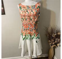 NWT Danny & Nicole Dress Womens Sz 14 Sleeveless Coral Tropical Floral Fit Flare