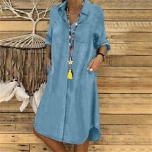 Nechology Womens Dresses Dresses Summer Solid V Pocket Dress Long Sleeve Button Loose Denim Casual Women Dress Short Homecoming Dresses Light Blue Lar
