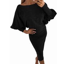Womens Fall Dresses 2023 Petite Casual Dress Long Sleeve Solid Color Waist Round Neck Slim Pullover Dress Black S