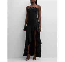 Ungaro Eva High-Low Square-Neck Floral Lace Gown, Black, Women's, XL, Evening Formal Gala Gowns Mother Of The Bride Groom Evening Gowns