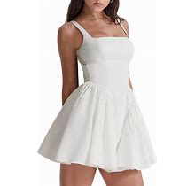 NUFIWI Women Ruffle Mini Dress Bodycon Square Neck Smocked Short Dress Lace Aline Party Y2k Dresses Back Bow White Small