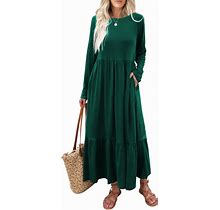 Mieazom Women's Long Sleeves Maxi Dress Casual Loose Tiered Flowy Swing Beach Long Dresses With Pockets