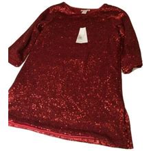 Joan Vass Long-Sleeve Sequined Red Knee Length Dress Size 0/Small