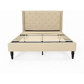 Tourmaline Traditional Queen-Size Beige Fully Upholstered Bed Frame With Button Tufting And Nailhead Accents