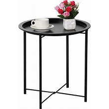 VECELO Metal Round End/Side Table With Removable Tray Small Folding Anti-Rust Nightstand For Bedroom Balcony Patio Living Room, Black 1Set