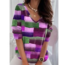 Women's T Shirt Tee Plaid Color Block Daily Weekend Print Yellow Long Sleeve Fashion V Neck Spring & Fall