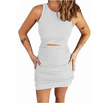 Oavqhlg3b Ruched Bodycon Dresses For Women Party Night Sexy Mini Sleeveless Solid Waist Cut Out Crewneck Casual Cocktail Dress