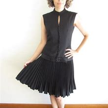 Vintage Black Dress 1960S Lilli Diamond Black Drop Waist Pleated Skirt Scooter Dress S M