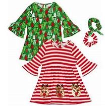 Rare Editions Girls 7-16 Tree Printed And Reindeer Appliqué Striped Knit Dress And Scrunchie Set, Red, 14